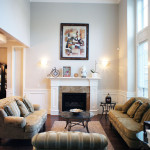 Living Room With High Ceiling and Gas Fireplace